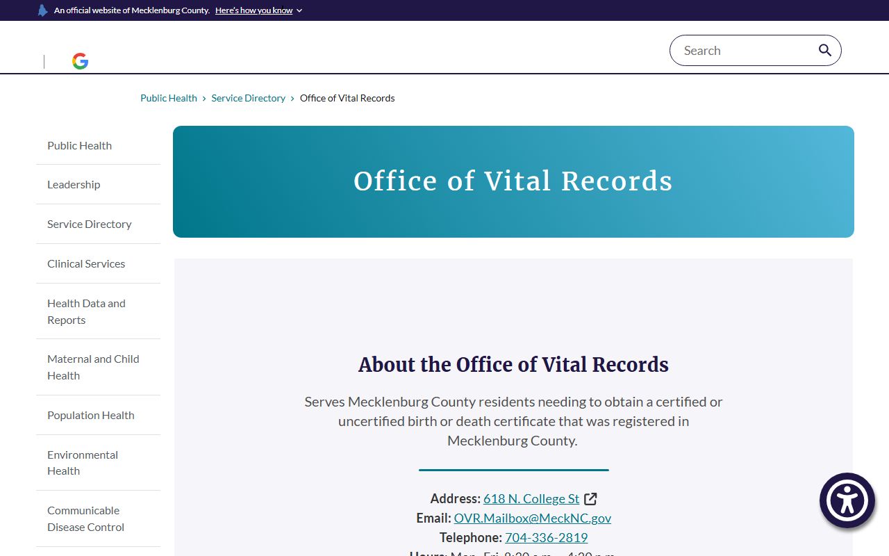 Charlotte birth records Mecklenburg County Office of Vital Records page