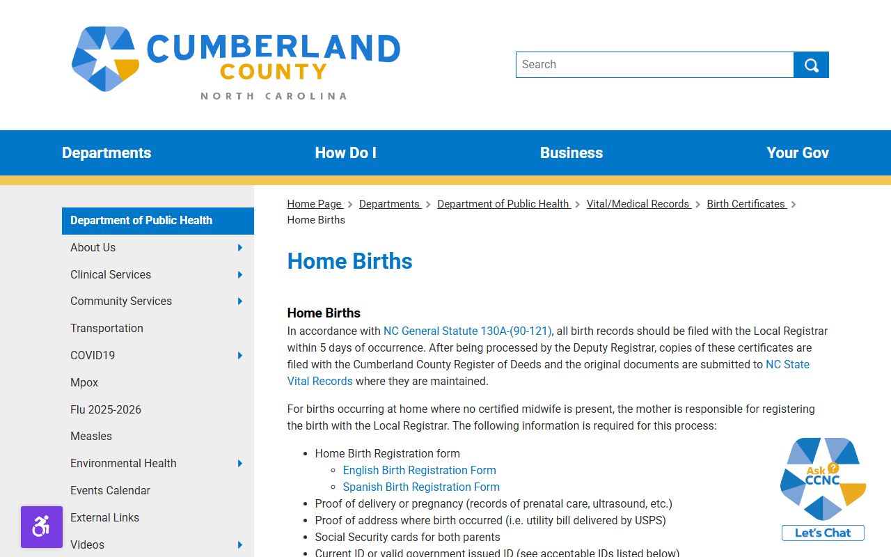 Fayetteville birth records Cumberland County home birth registration page