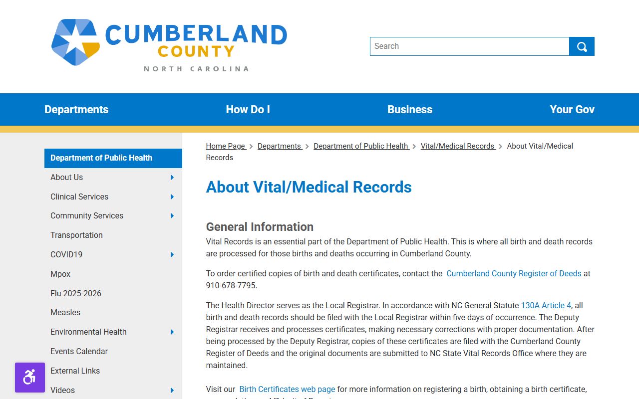 Fayetteville birth records Cumberland County Public Health vital records information