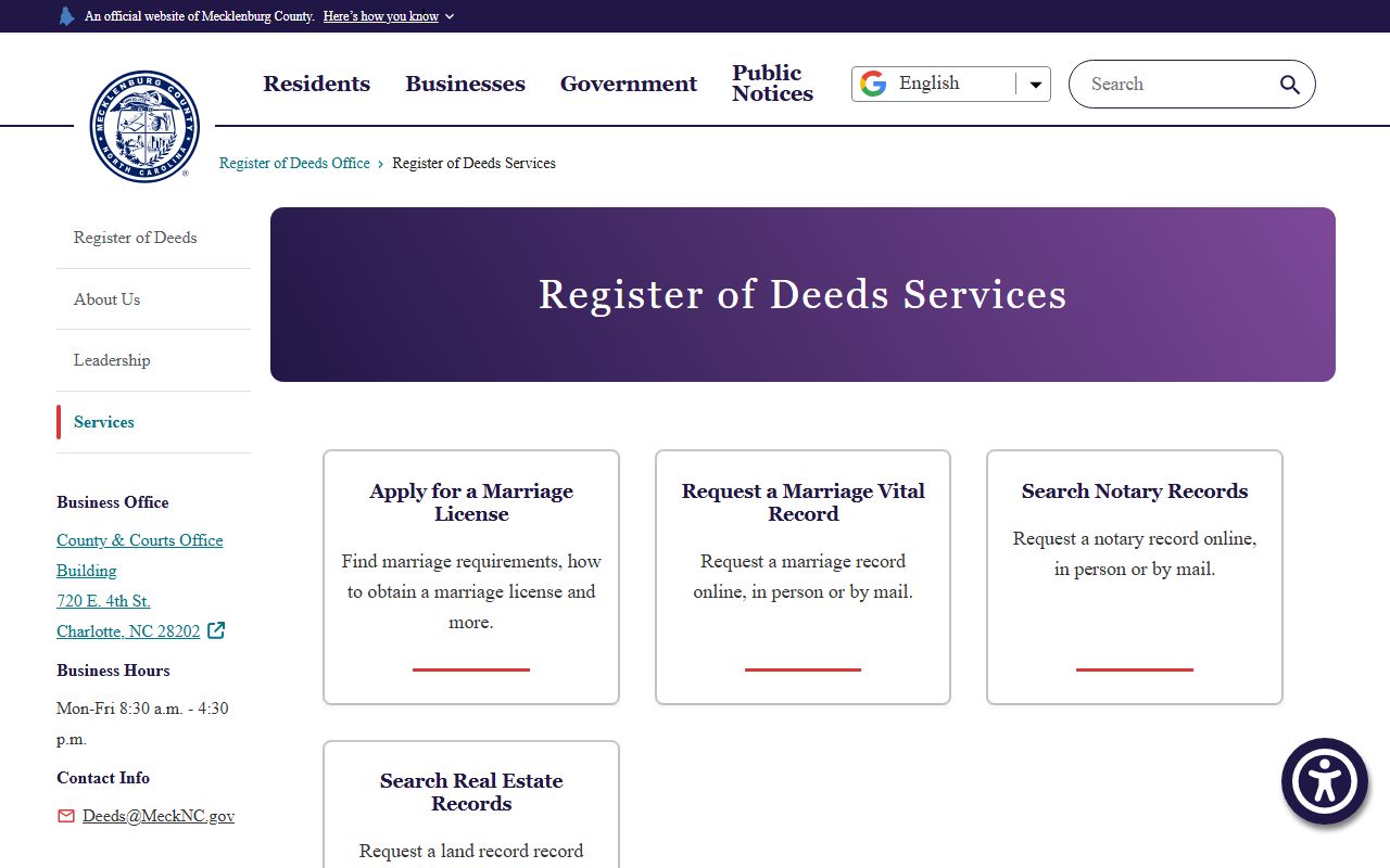 Mecklenburg County Register of Deeds services for Huntersville birth records
