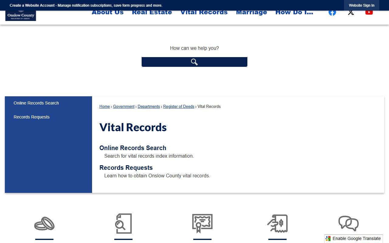Onslow County vital records page for Jacksonville birth certificates