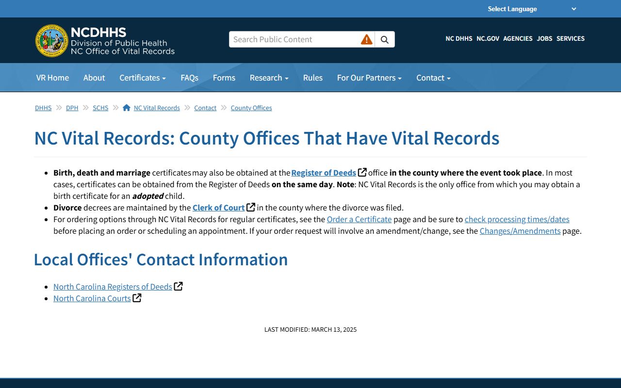 Alamance County birth records NC county contacts page