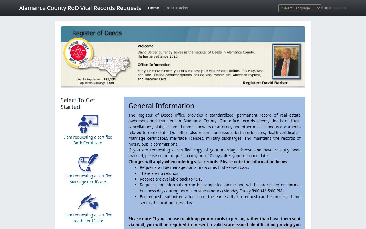 Alamance County birth records online ordering portal