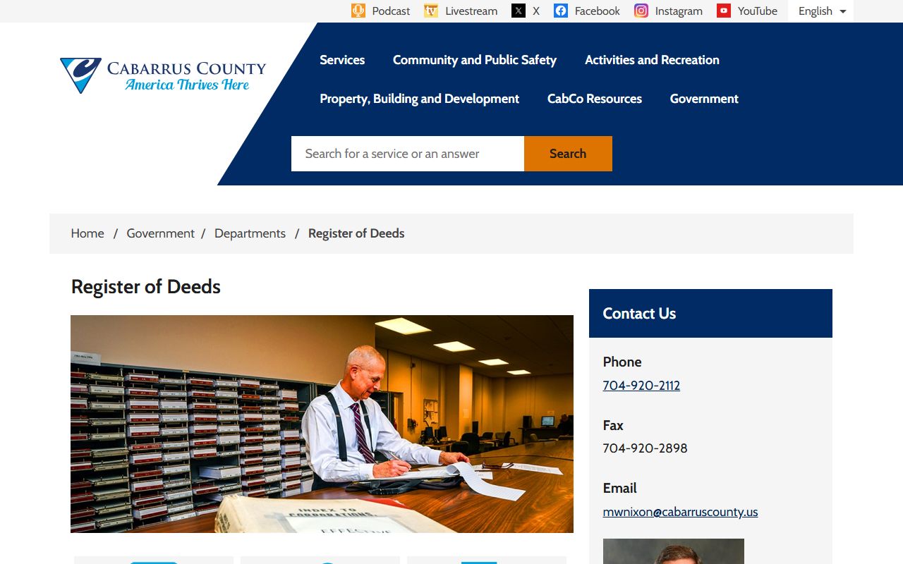 Cabarrus County birth records Register of Deeds page