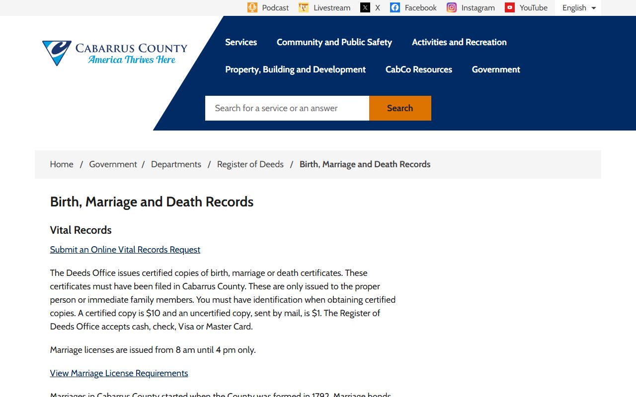 Cabarrus County birth records vital records information page