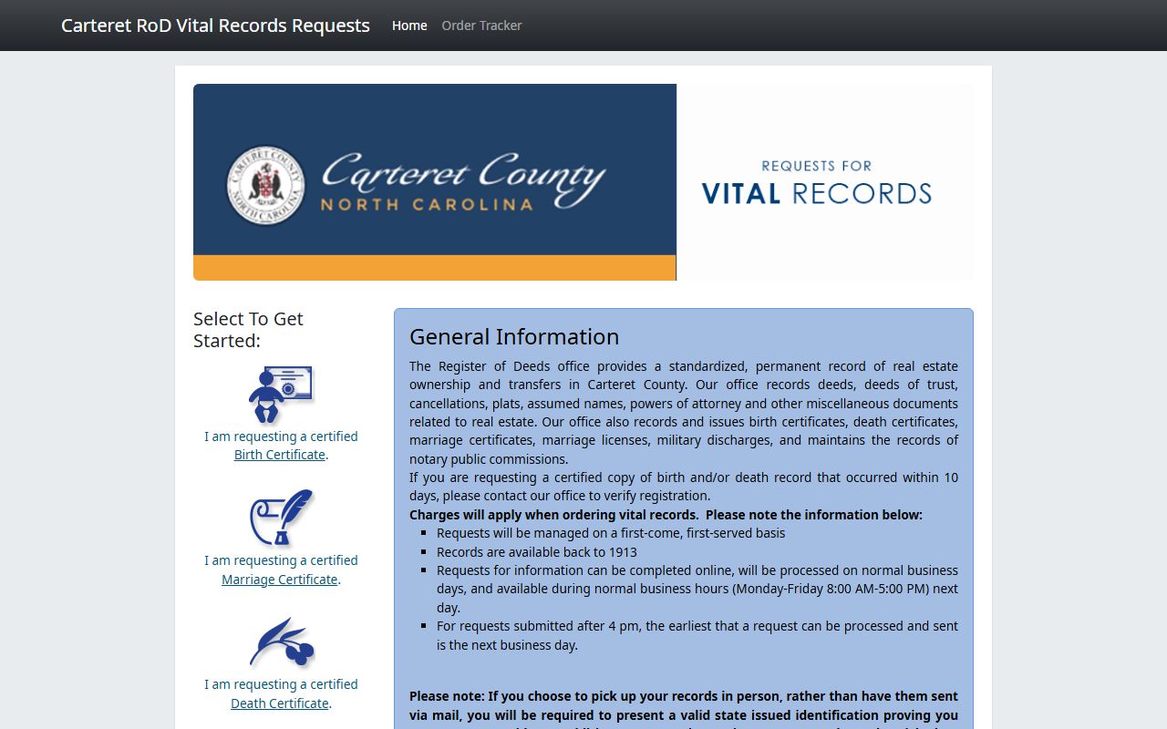 Carteret County birth records online ordering portal