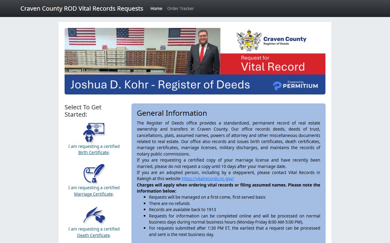 Craven County birth records online ordering portal