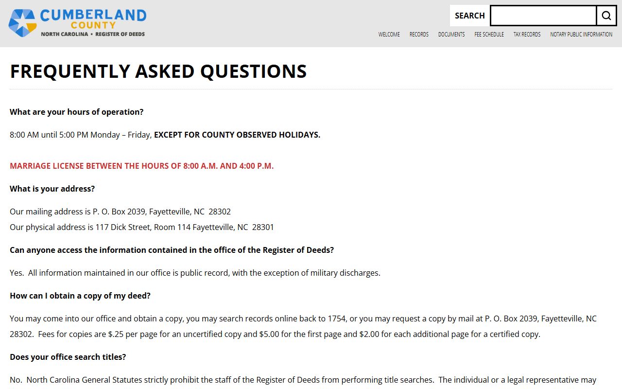 Cumberland County birth records FAQ page