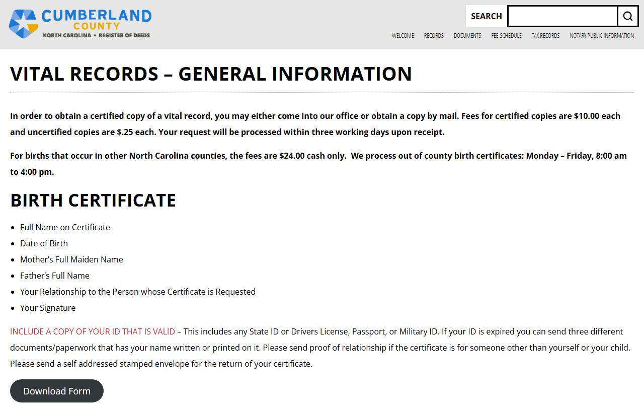 Cumberland County birth records vital records information