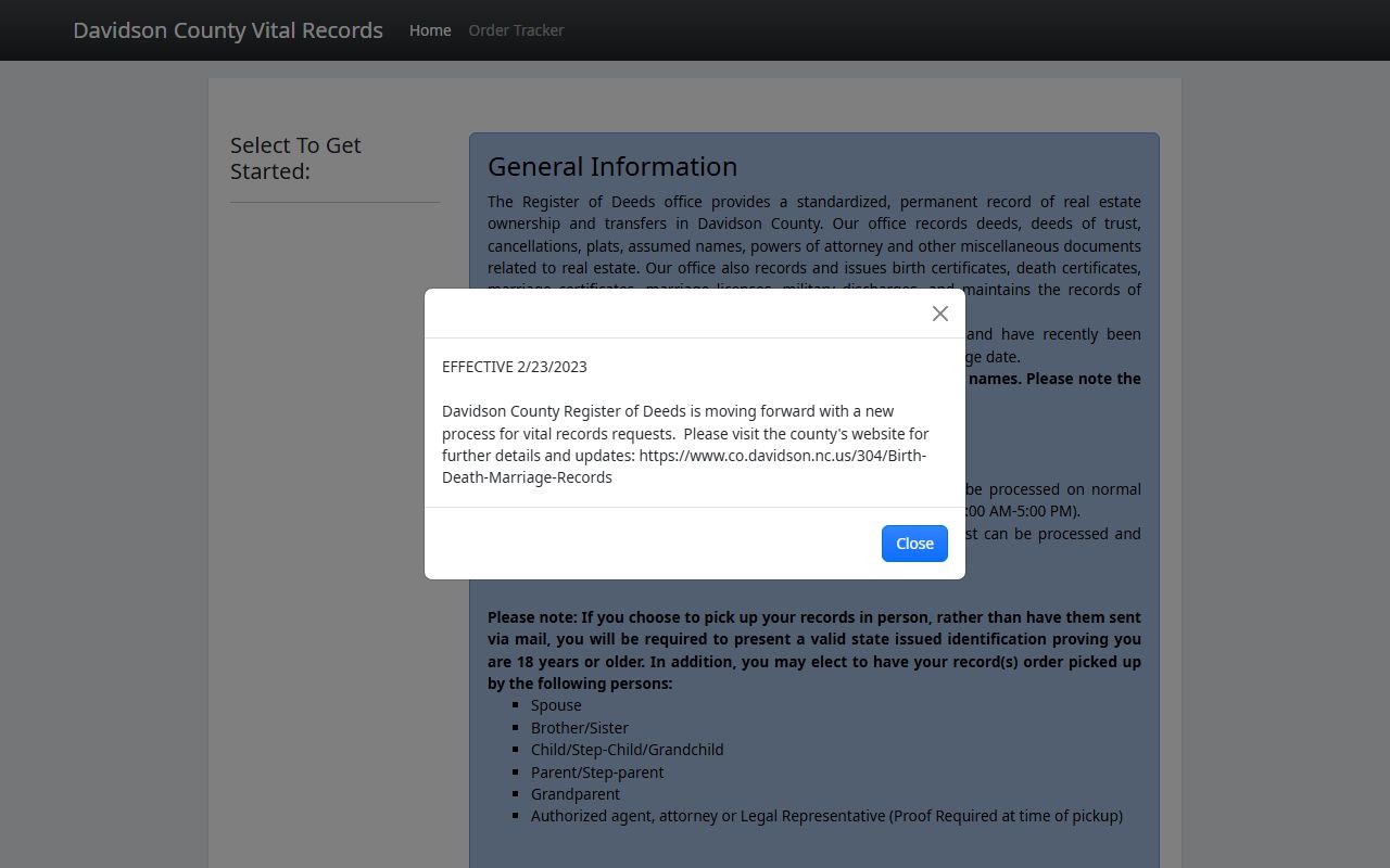 Davidson County birth records online ordering portal