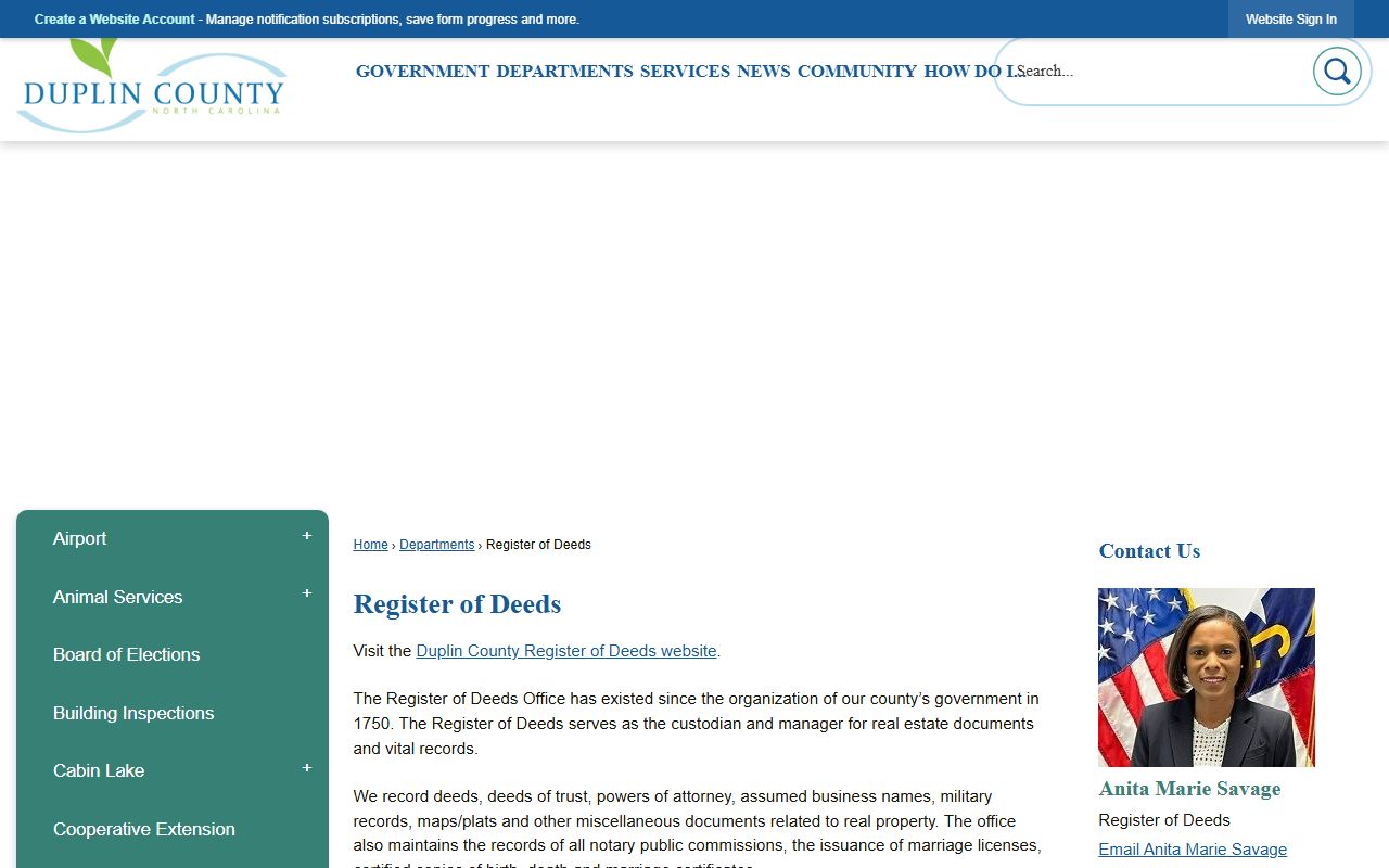 Duplin County Register of Deeds website page
