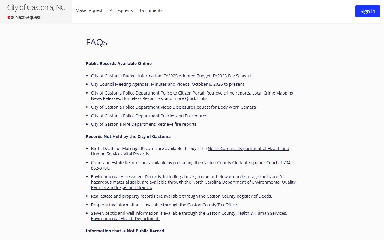 Gaston County city of Gastonia public records FAQ