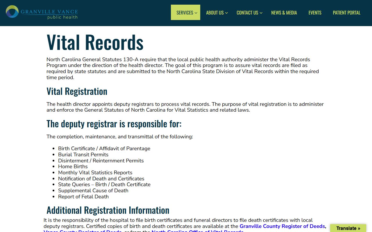 Granville County vital records information page