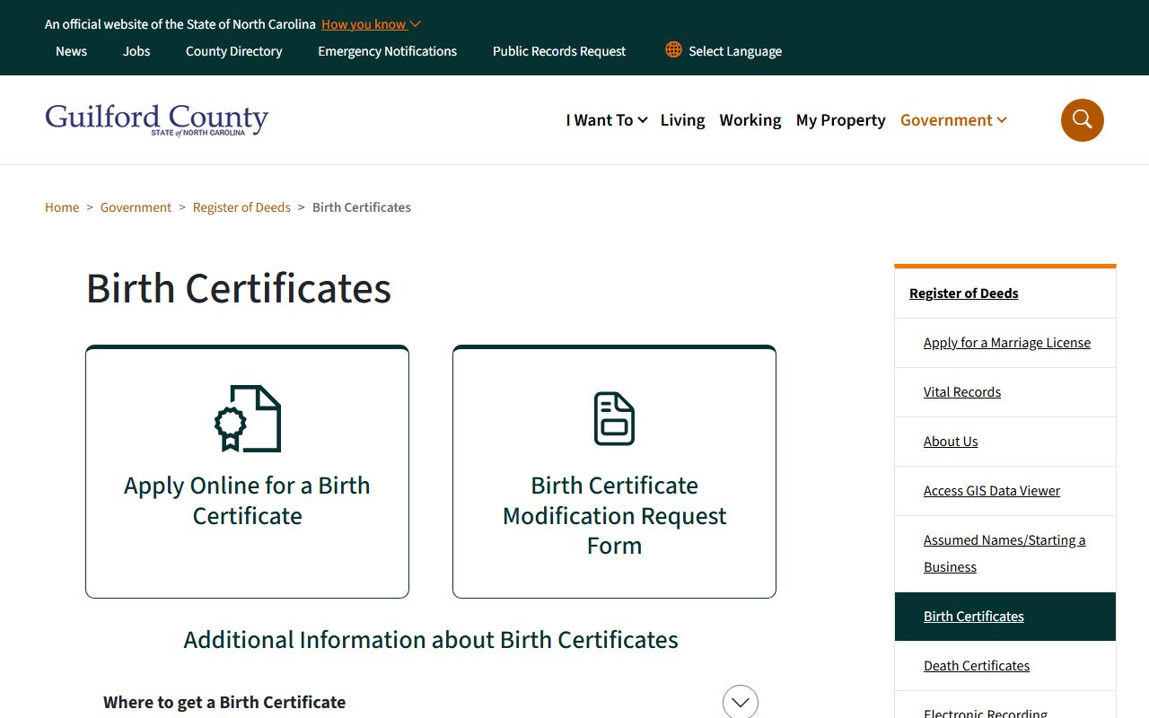 Guilford County birth certificates ordering page