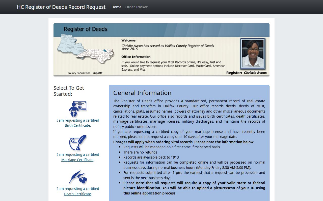 Halifax County birth records online ordering portal