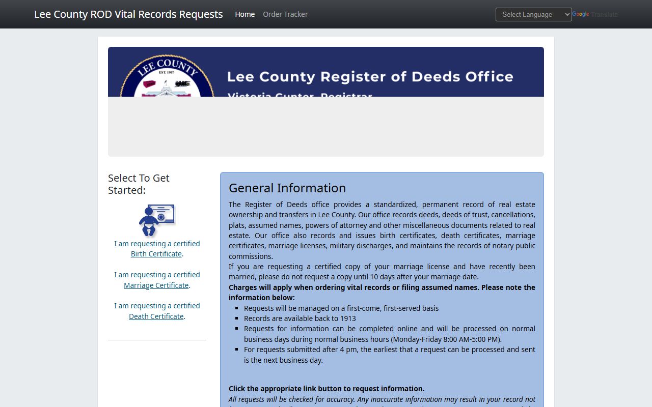 Lee County birth records online ordering portal