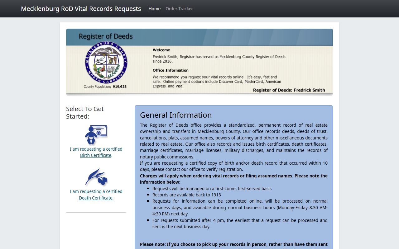 Mecklenburg County birth records online ordering portal