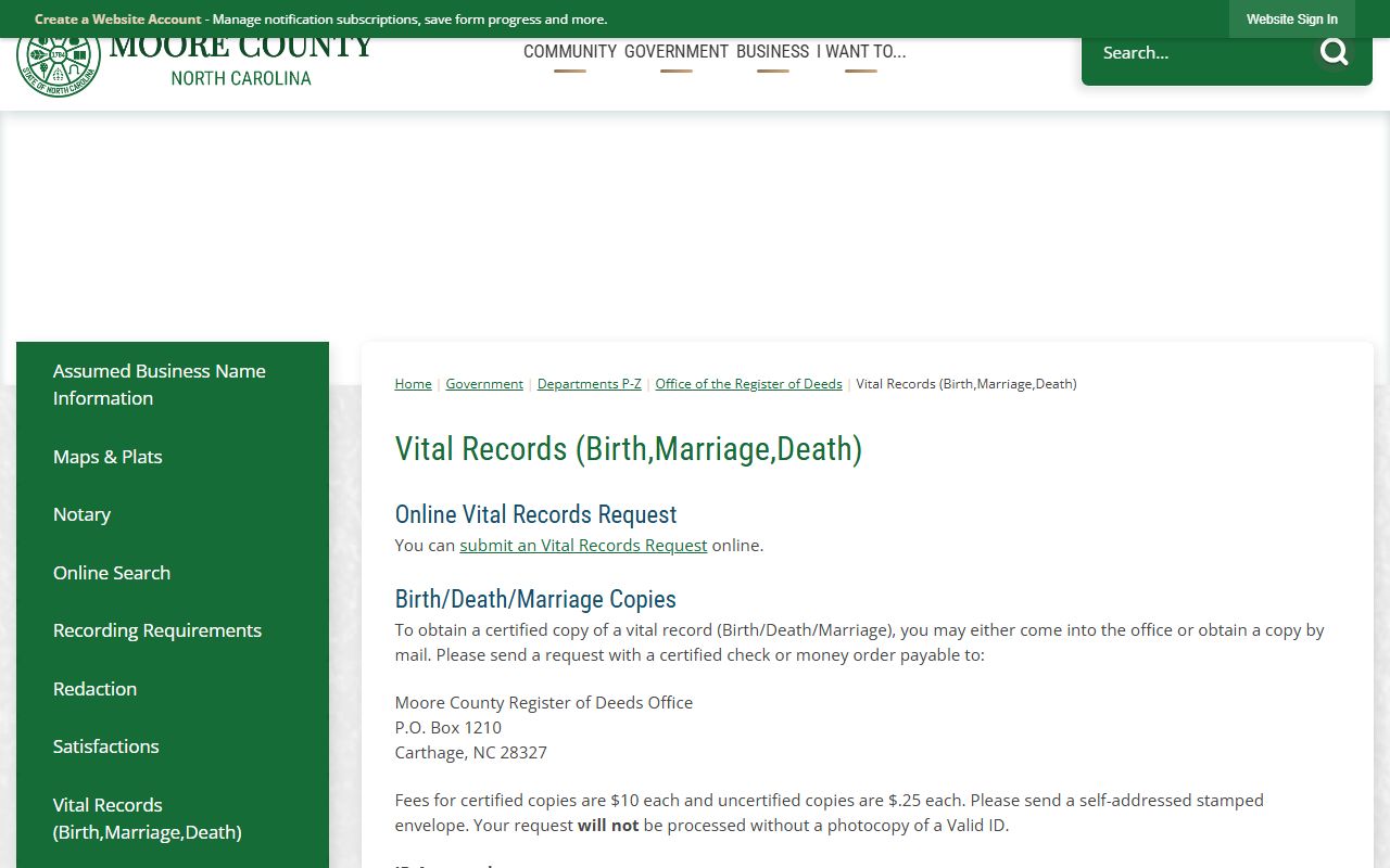 Moore County vital records page for birth certificates
