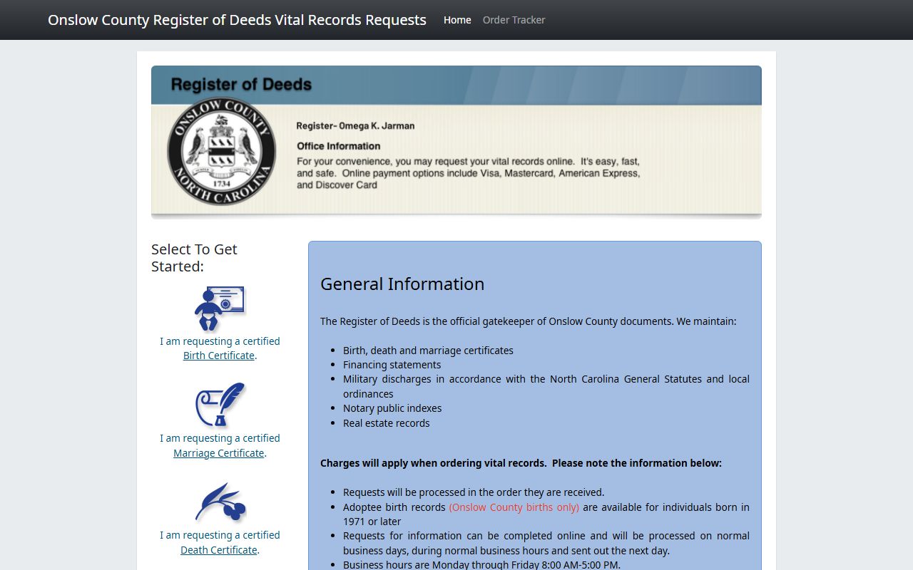 Onslow County birth records online portal