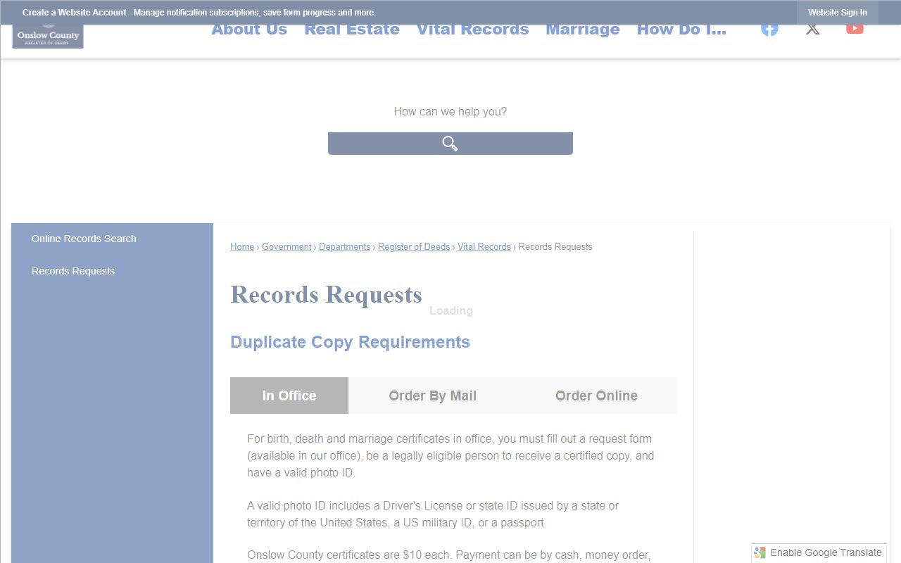 Onslow County records requests page