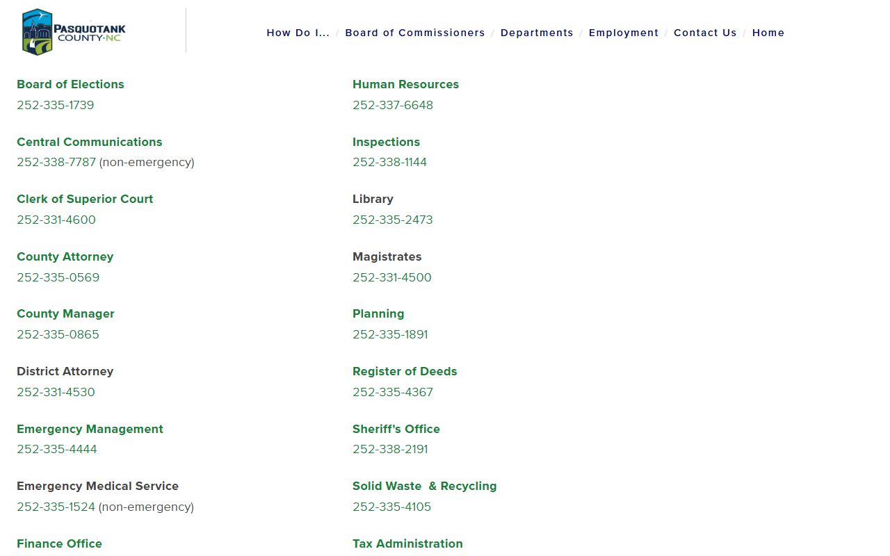 Pasquotank County government departments page