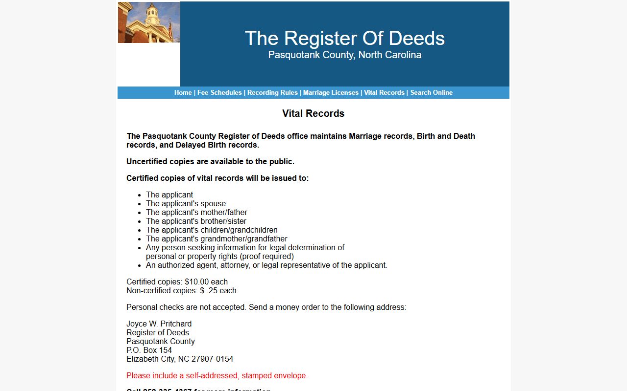 Pasquotank County vital records page for birth certificates