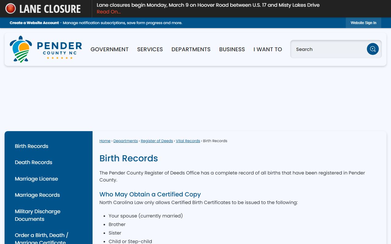 Pender County birth records page showing request instructions