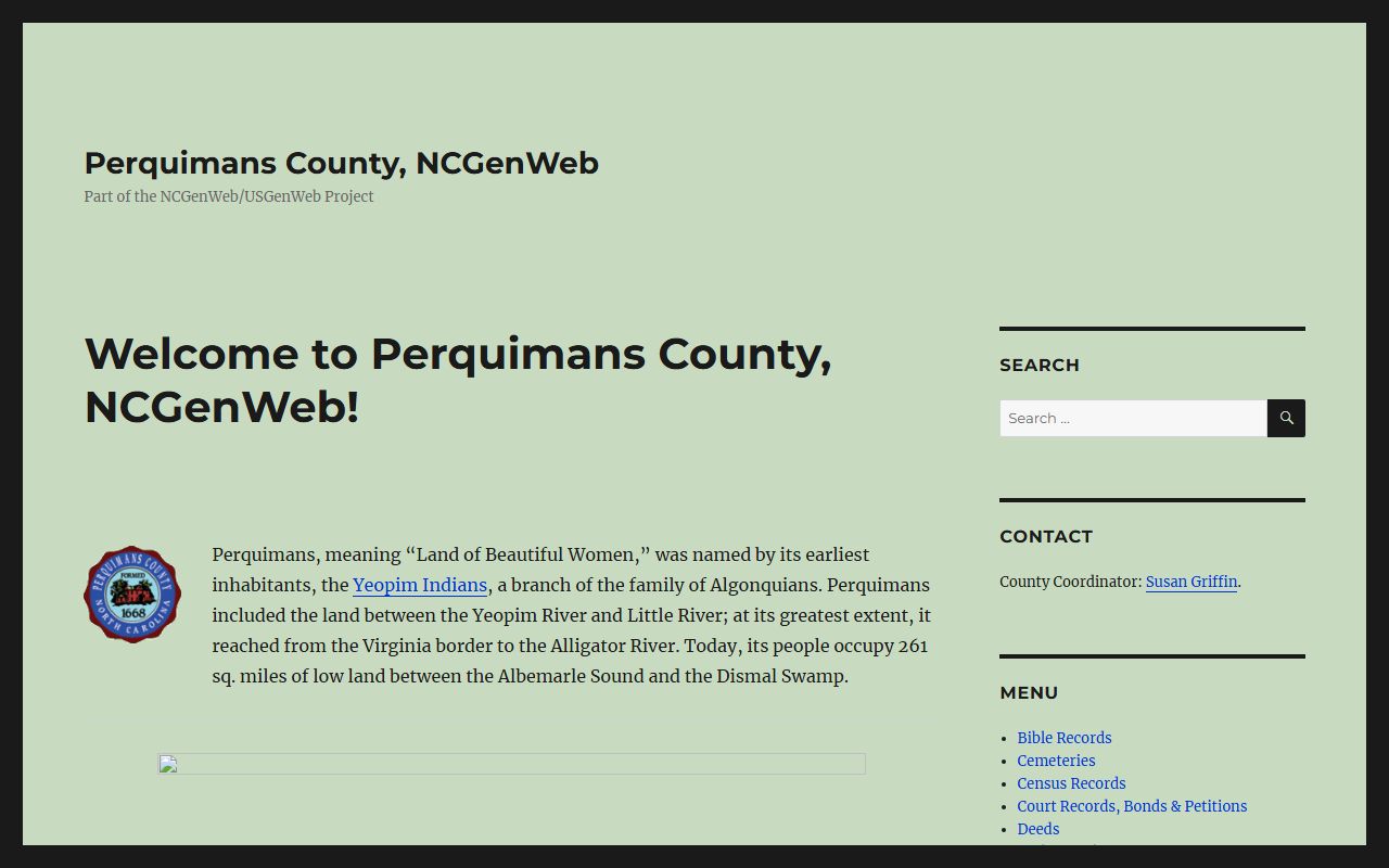 Perquimans County NCGenWeb project page for genealogy research