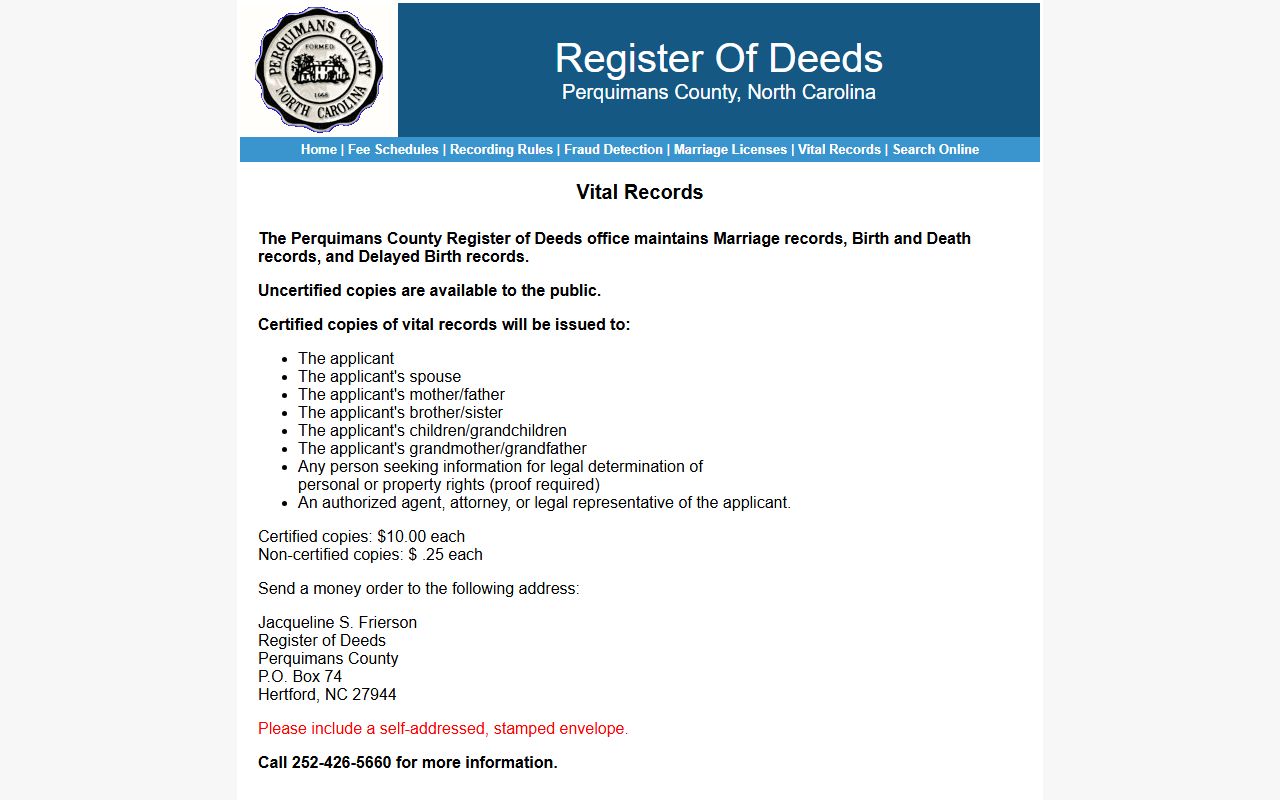Perquimans County vital records portal showing available services
