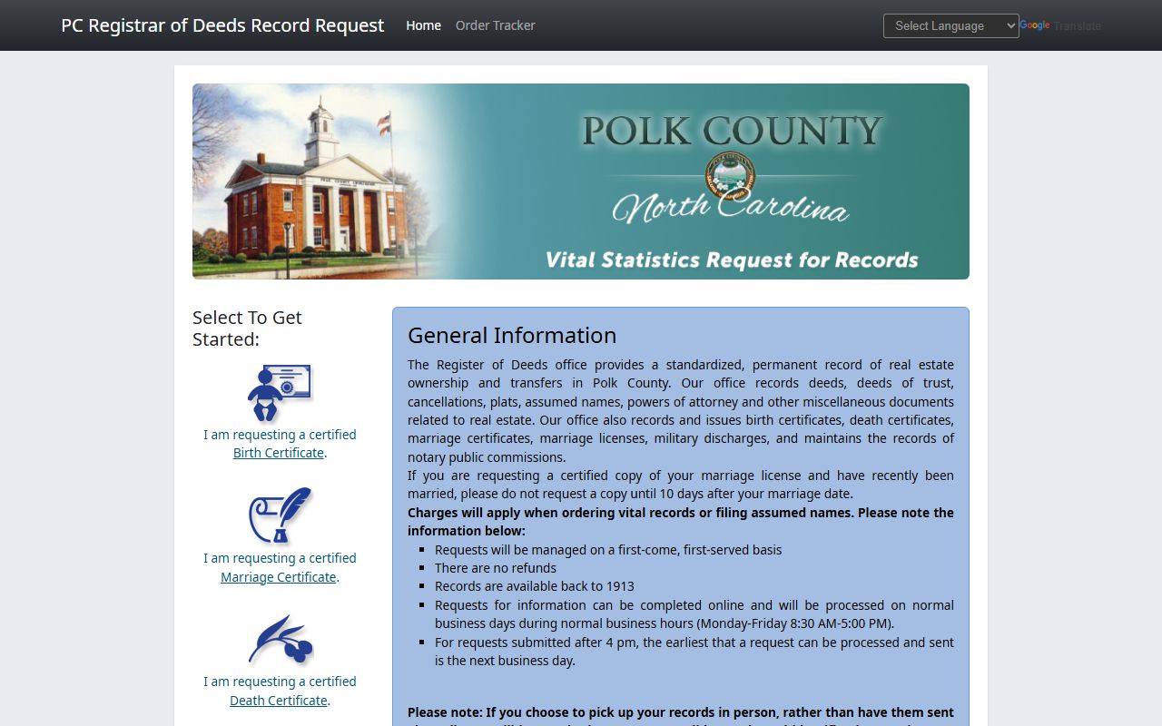 Polk County online portal for ordering birth certificates