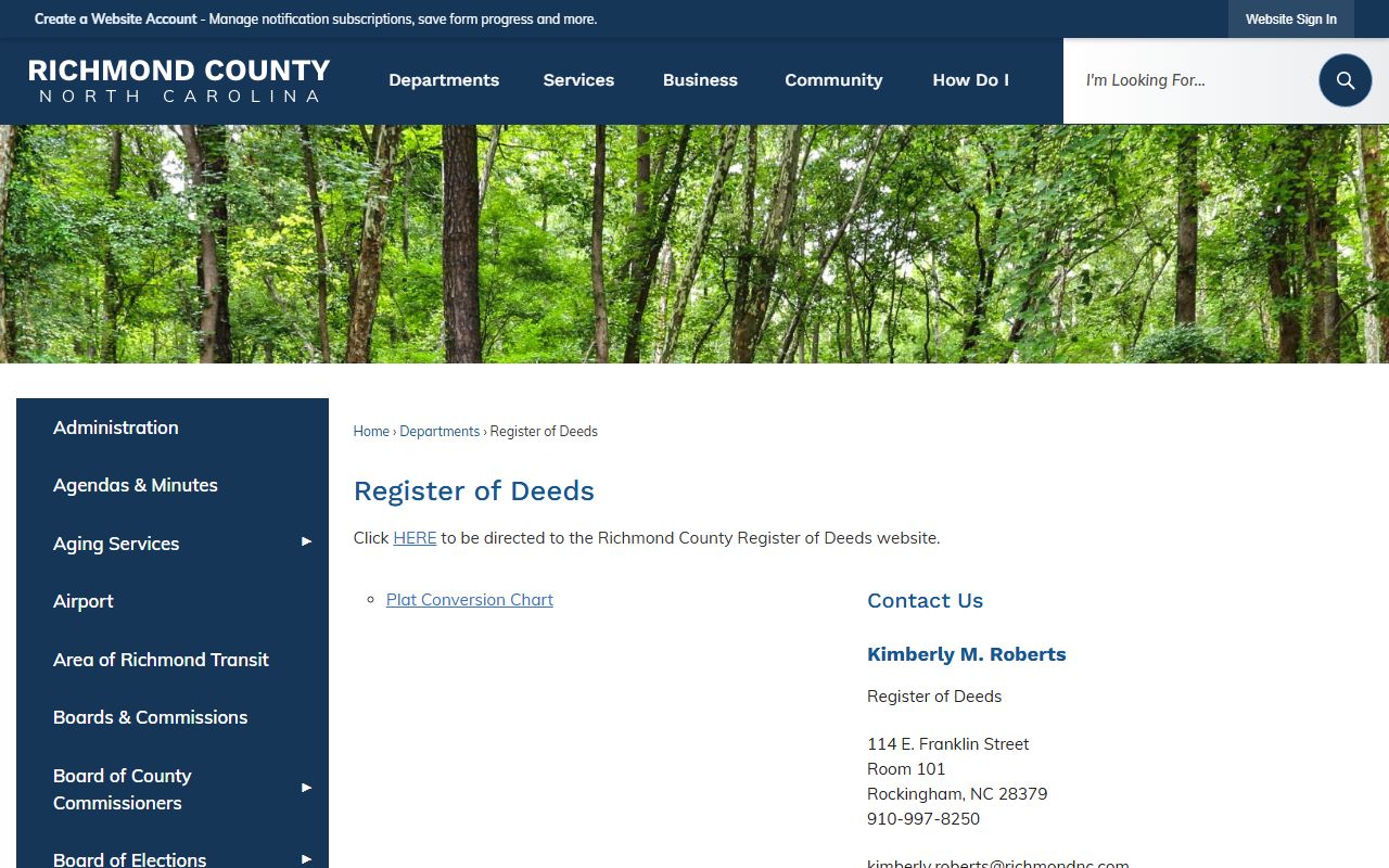 Richmond County Register of Deeds website showing services