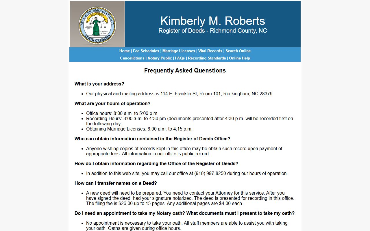 Richmond County Register of Deeds FAQ page