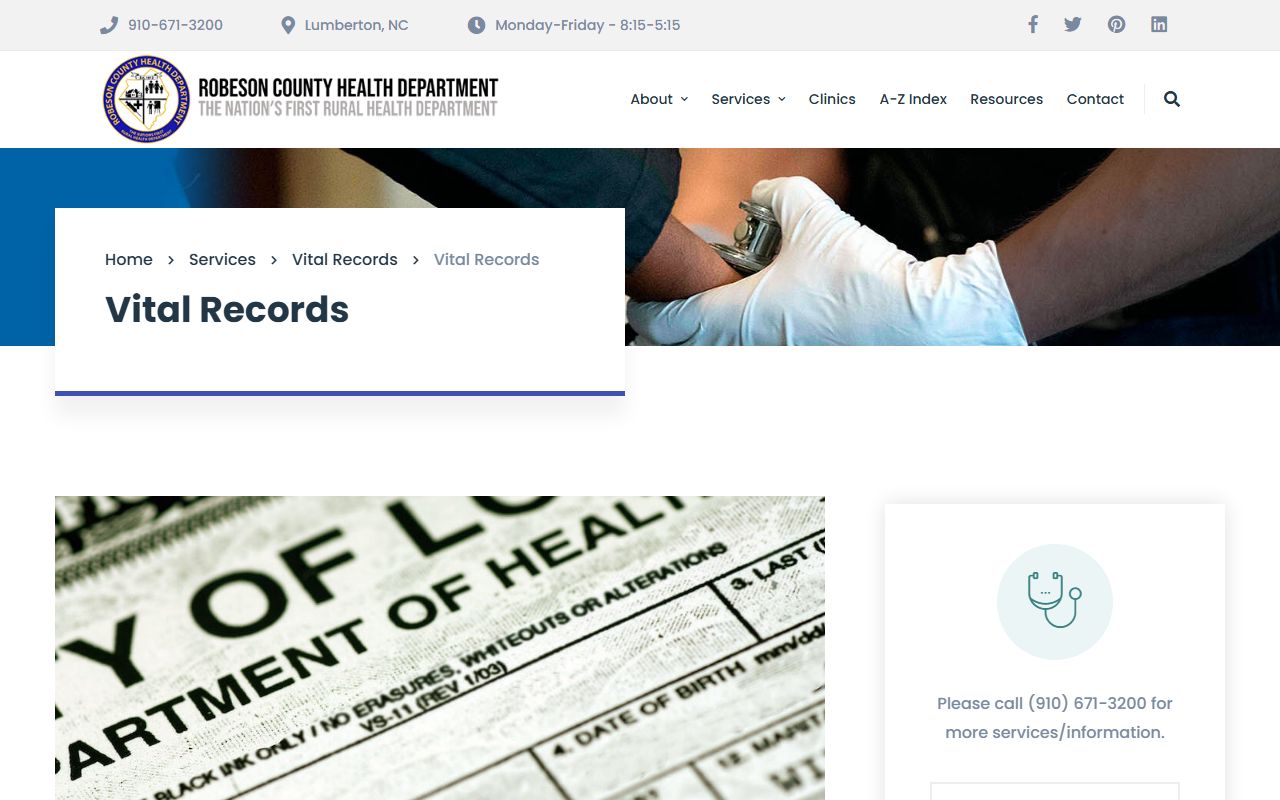 Robeson County Health Department vital records services page