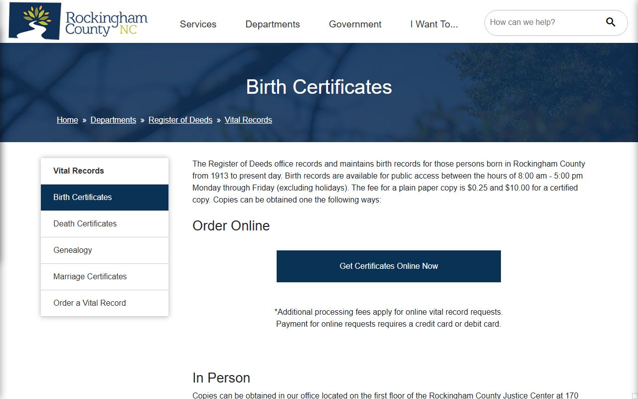Rockingham County birth certificates information page