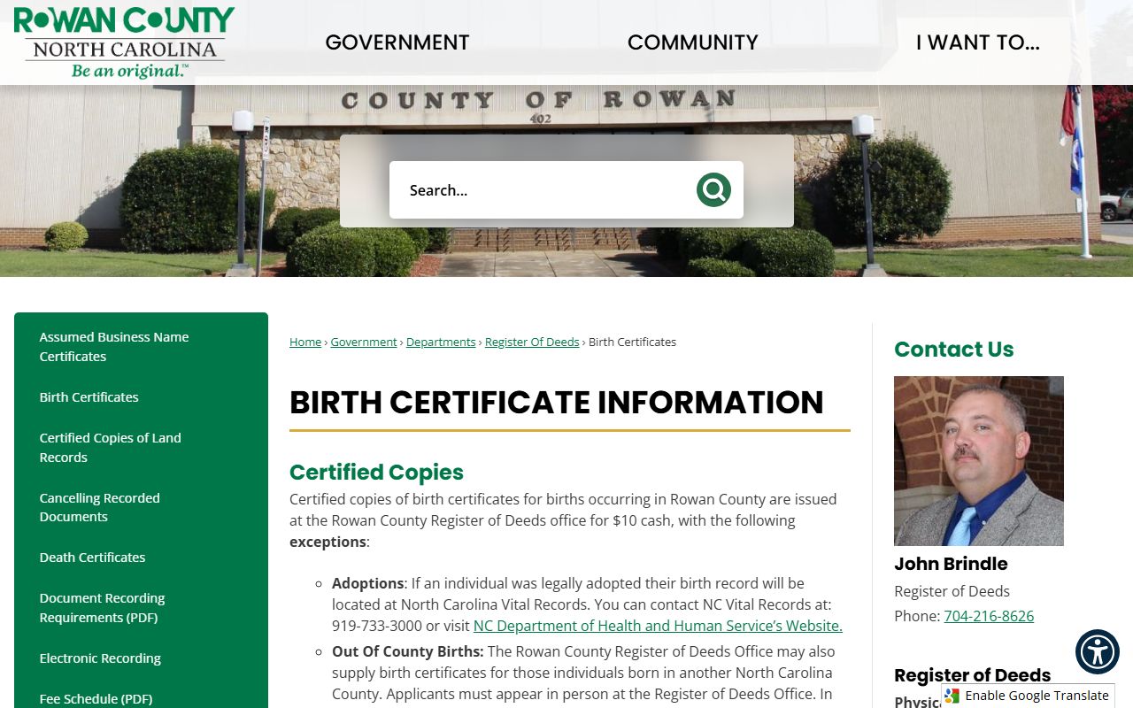 Rowan County birth certificates request page
