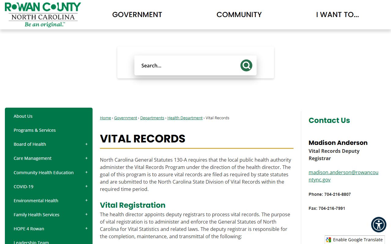 Rowan County vital records information page