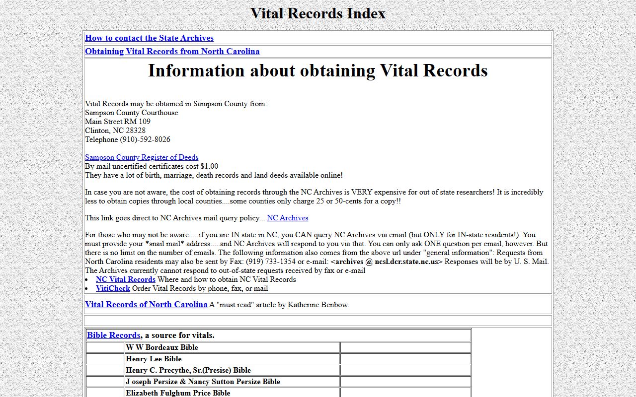 Sampson County birth records NCGenWeb vital records page