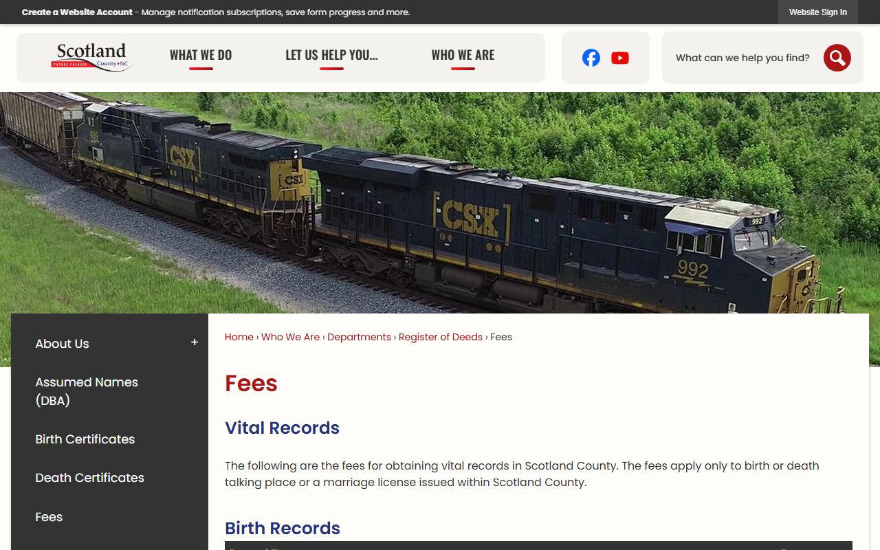 Scotland County birth records fee schedule