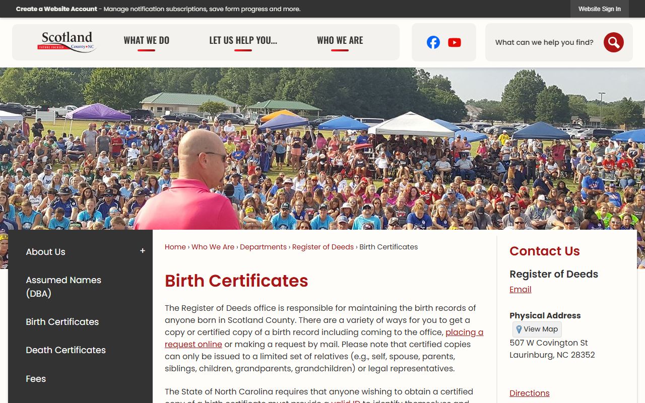 Scotland County birth certificates information page