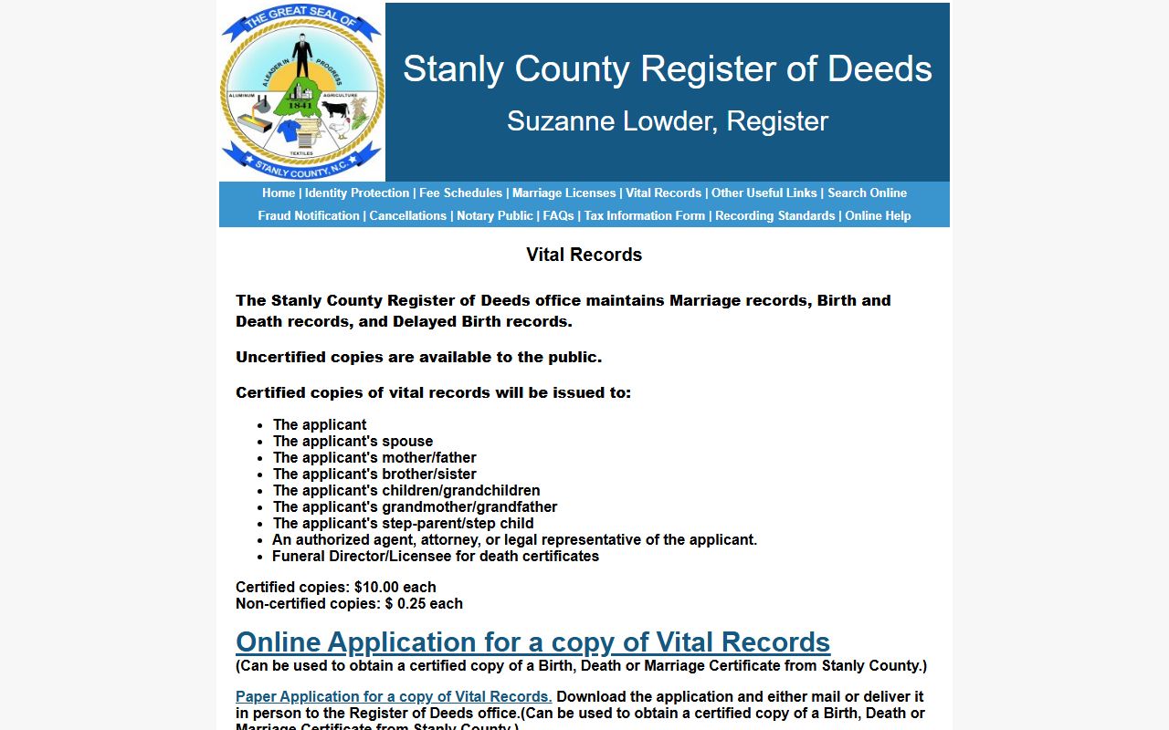 Stanly County vital records search page for birth records