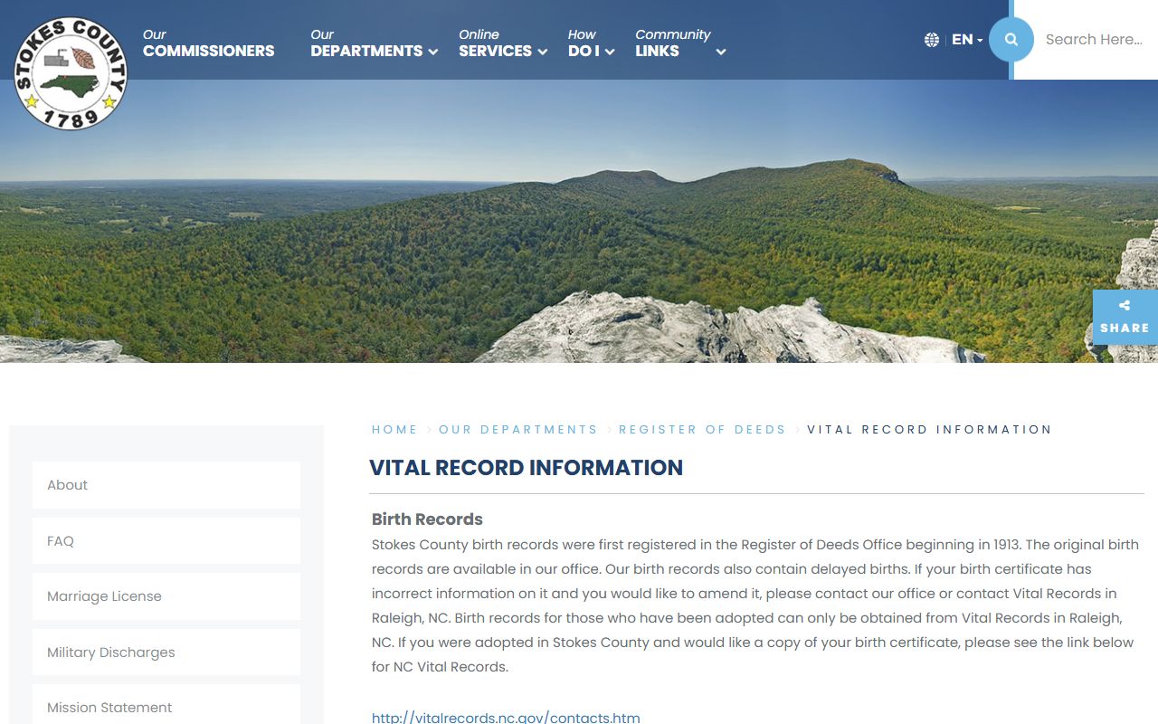Stokes County vital records information page for birth records