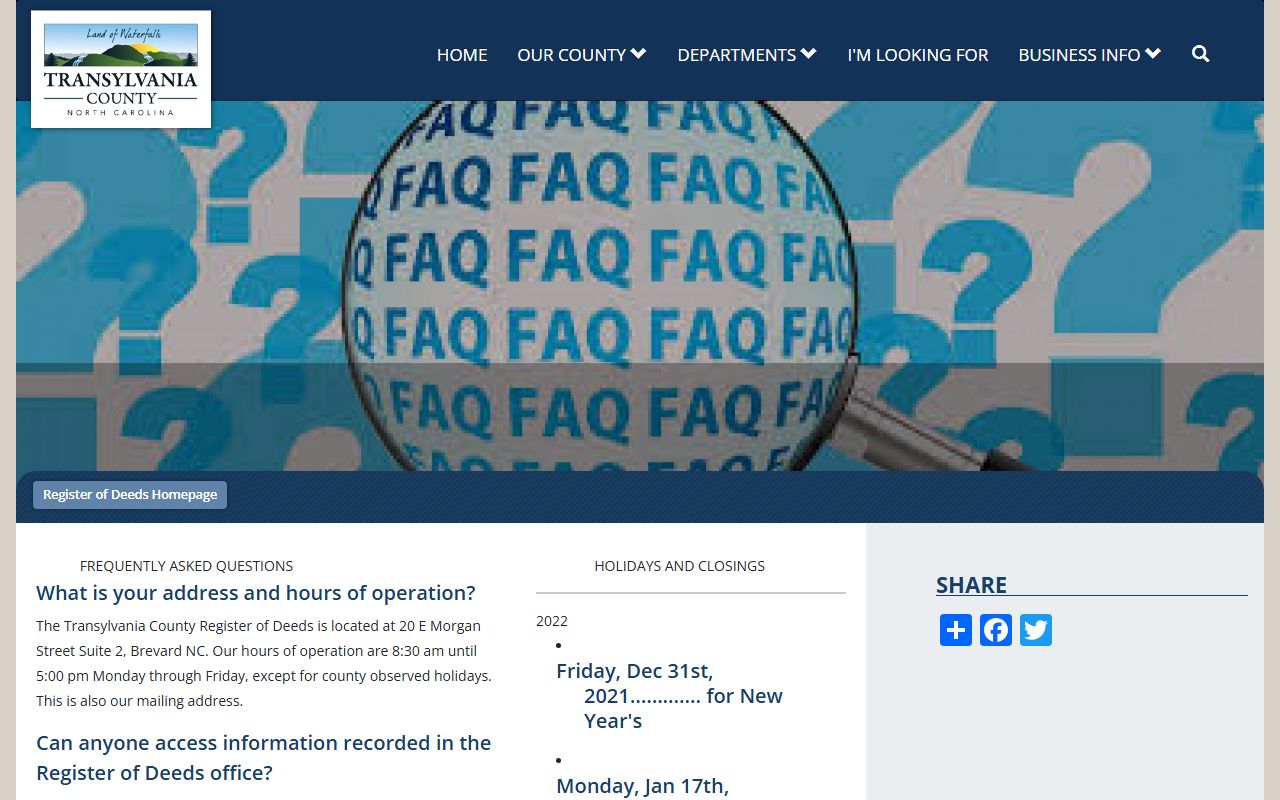 Transylvania County Register of Deeds FAQ page for birth records