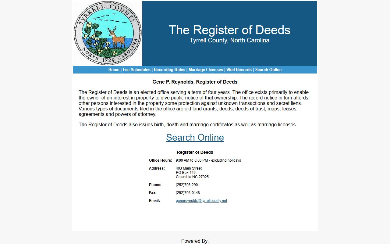 Tyrrell County Register of Deeds homepage for birth records