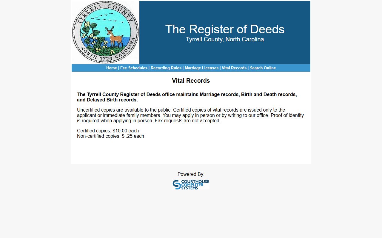 Tyrrell County vital records search page for birth records