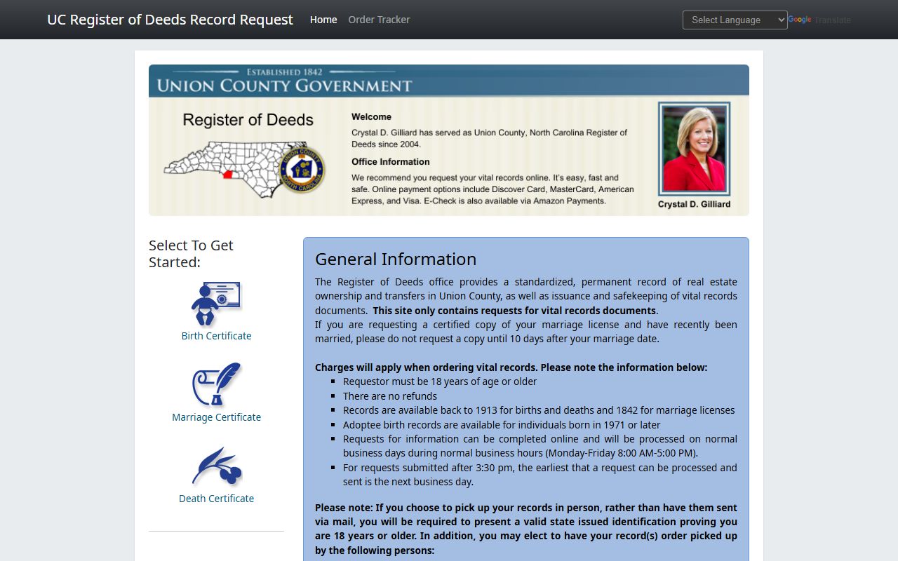 Union County birth records online portal for certificate requests