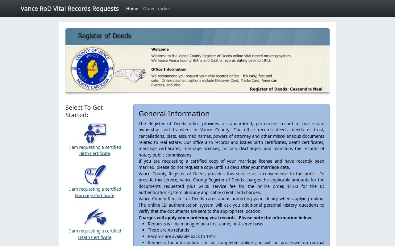 Vance County birth records online ordering portal