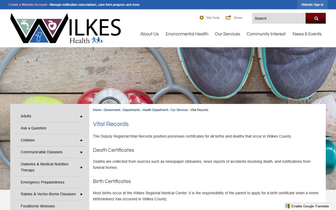 Wilkes County vital records information page