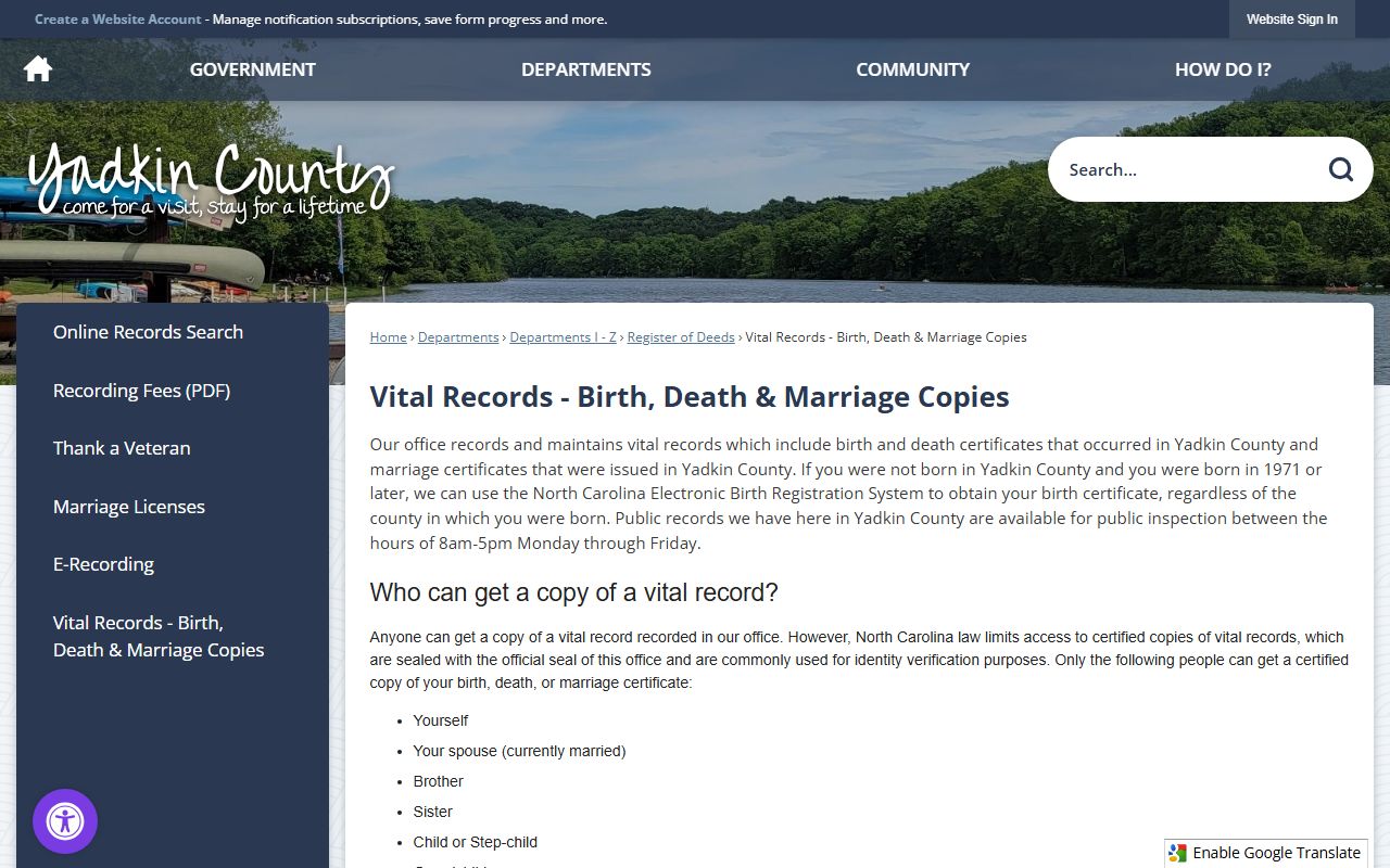 Yadkin County Register of Deeds vital records page