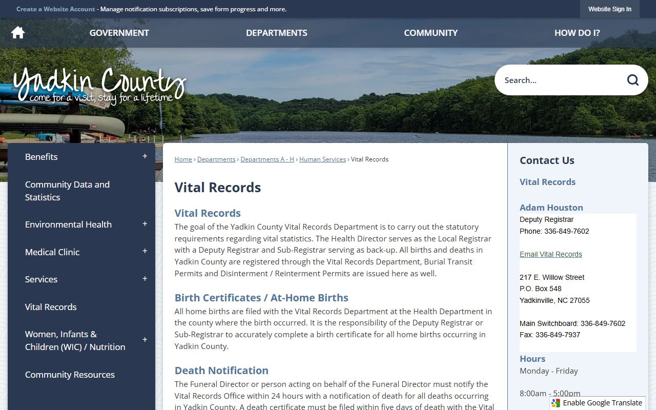 Yadkin County Health Department vital records page
