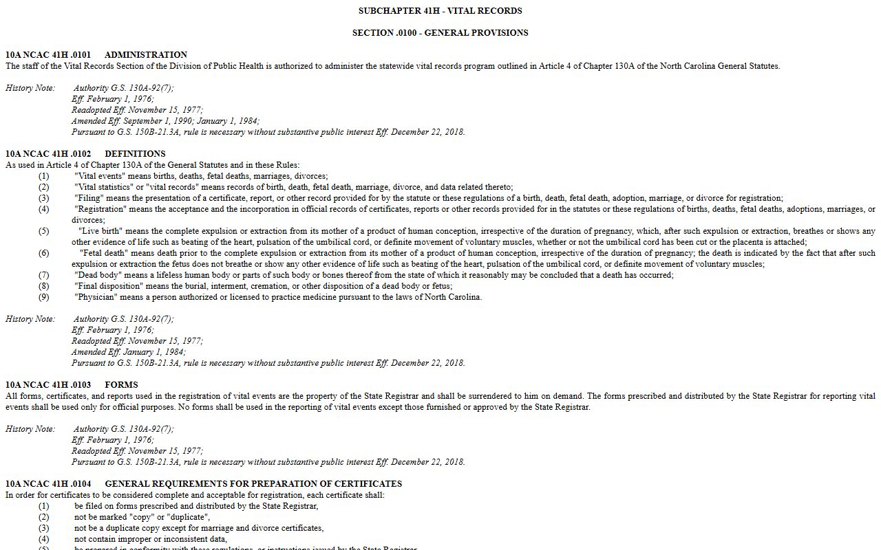 North Carolina administrative rules for birth records fees